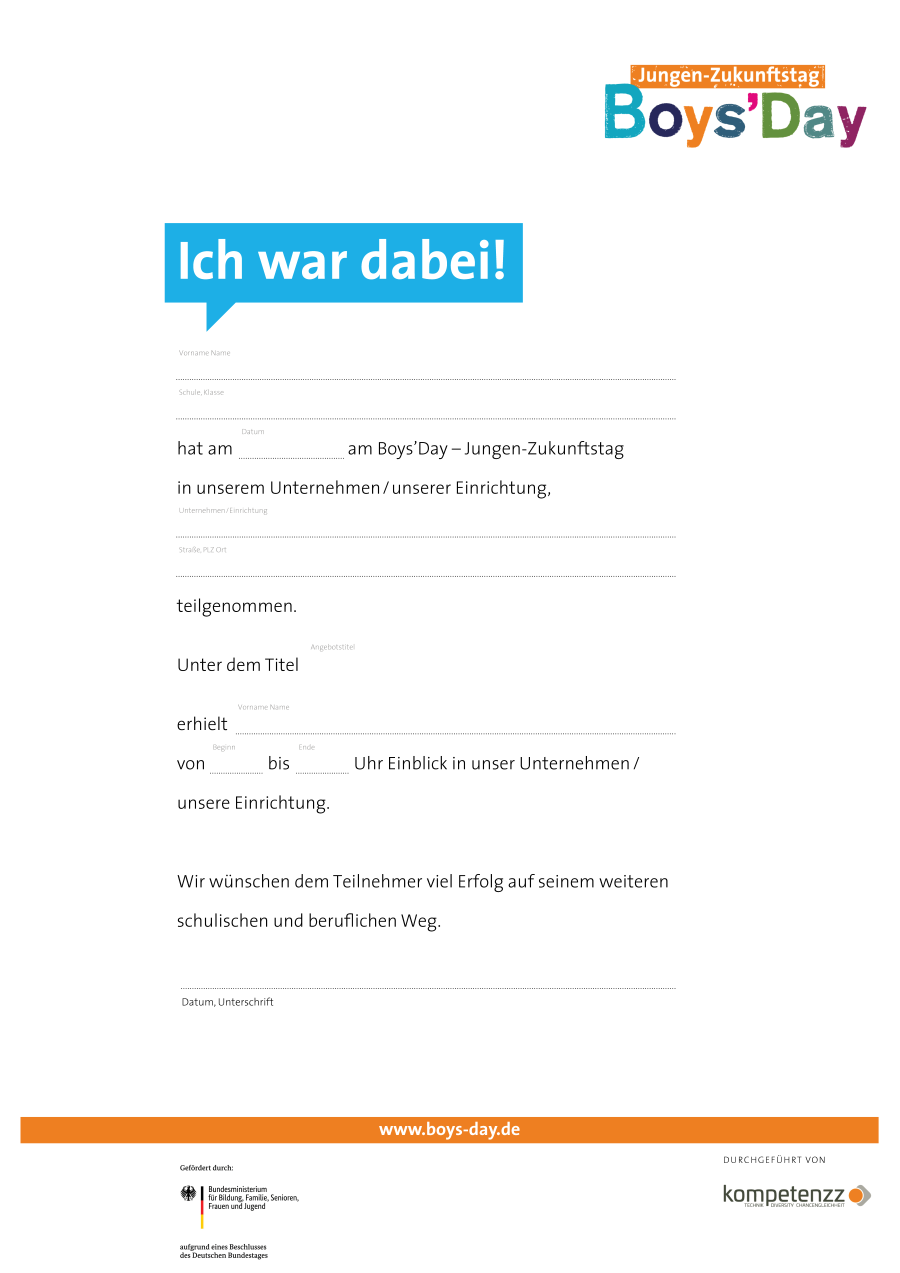 Boys'Day-Teilnahmebestätigung (Ich war dabei!) | beschreibbares Formular