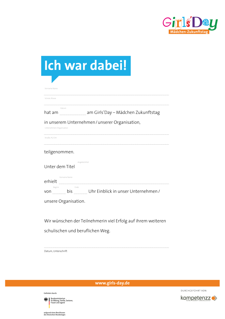 Girls'Day Teilnahmebestätigung (Ich war dabei!) | beschreibbares Formular