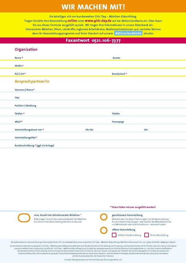  Girls'Day "Wir machen mit!" | Faxformular beschreibbar